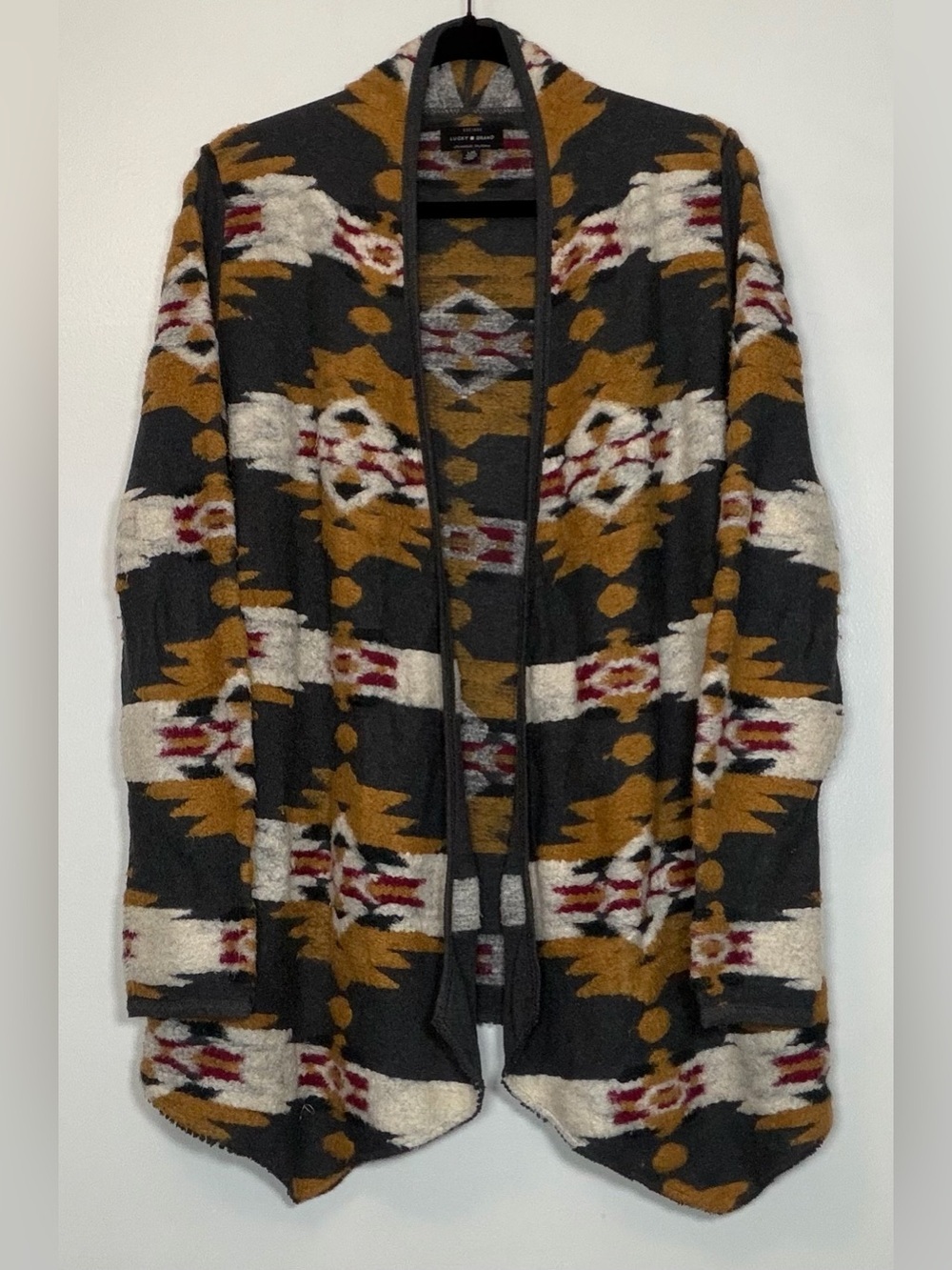 Lucky Brand Open-Front Aztec Cardigan in Mustard, Black & Cream